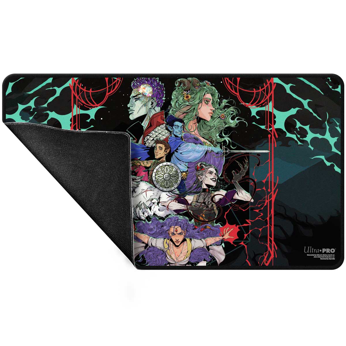 A black playmat featuring the Critical Role Bells Hells characters in a dynamic illustration. Brand: Ultra Pro, Item: Critical Role Black Stitched Edge Playmat - Bells Hells Live at The Greek Theatre.
