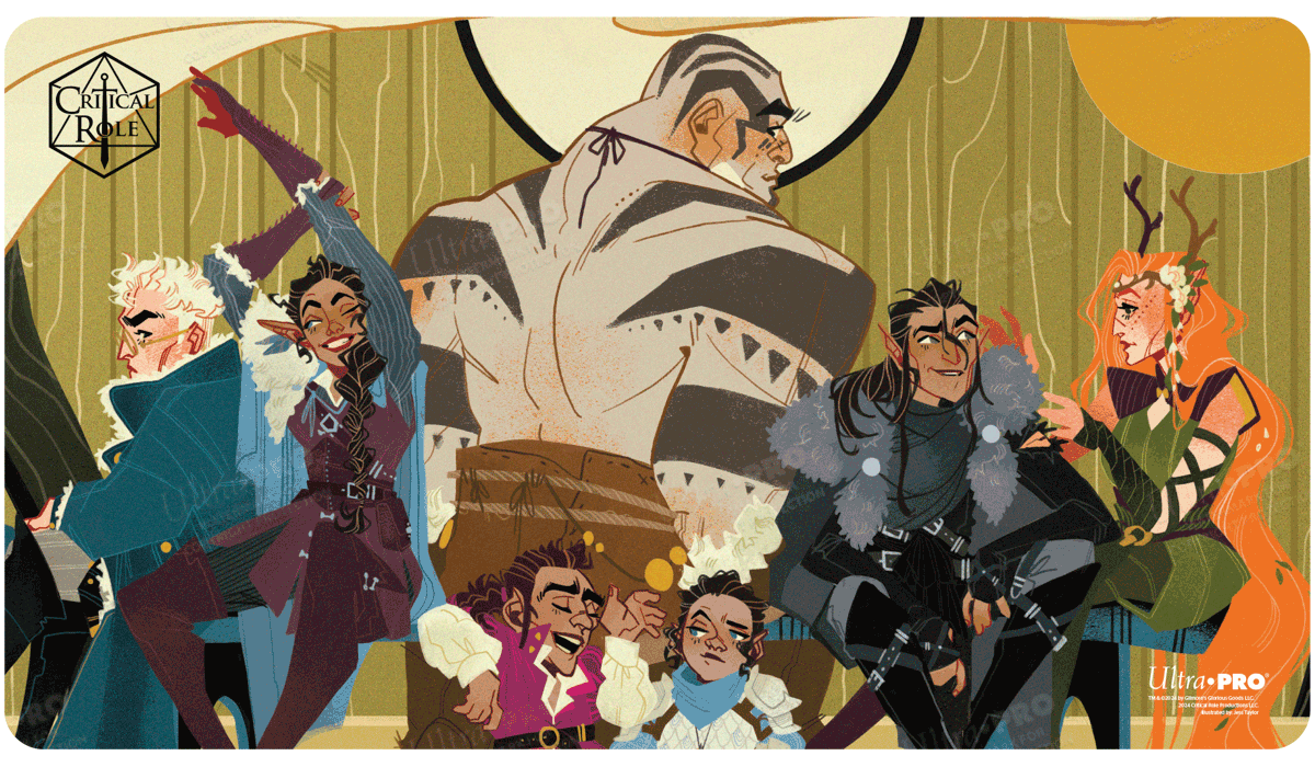 A colorful playmat featuring the cover art of Vox Machina Origins III #2 from Critical Role. Brand: Ultra PRO, Item: Critical Role PoD Stitched Edge Playmat - Cover of Vox Machina Origins III #2