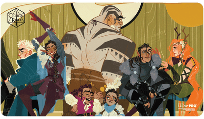 A colorful playmat featuring the cover art of Vox Machina Origins III #2 from Critical Role. Brand: Ultra PRO, Item: Critical Role PoD Stitched Edge Playmat - Cover of Vox Machina Origins III #2