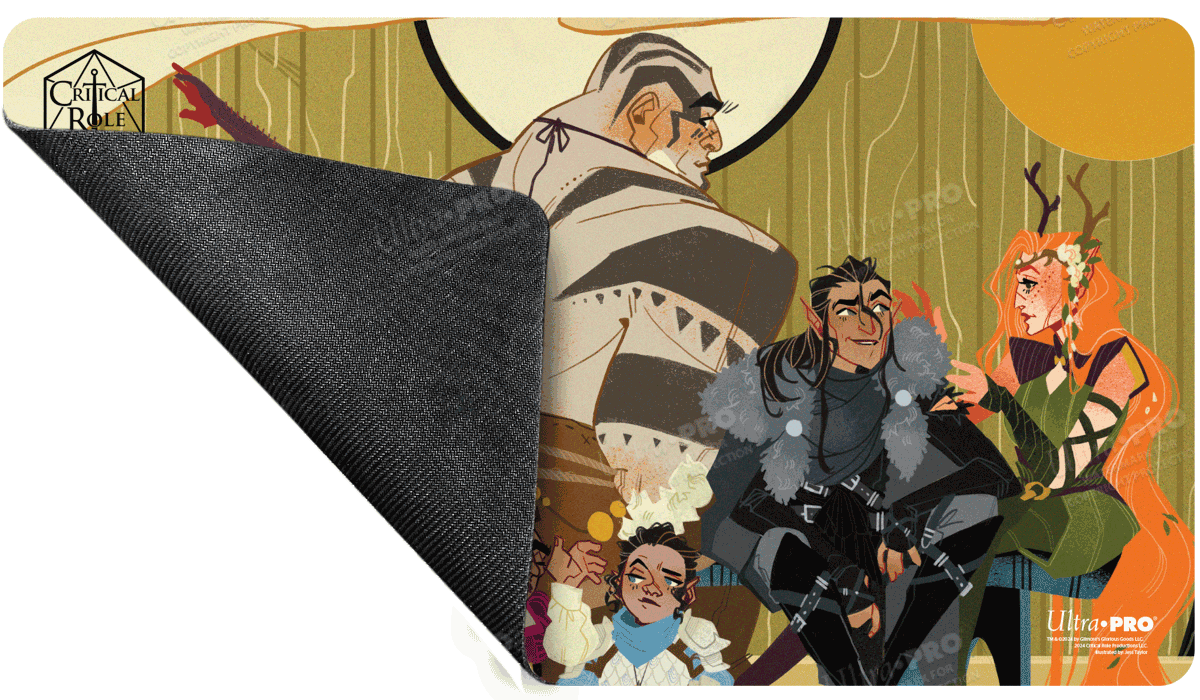 A rectangular playmat featuring the cover art of Vox Machina Origins III #2 from Critical Role, with characters from the series illustrated in a stylized art style. The mat has a black rubberized backing.