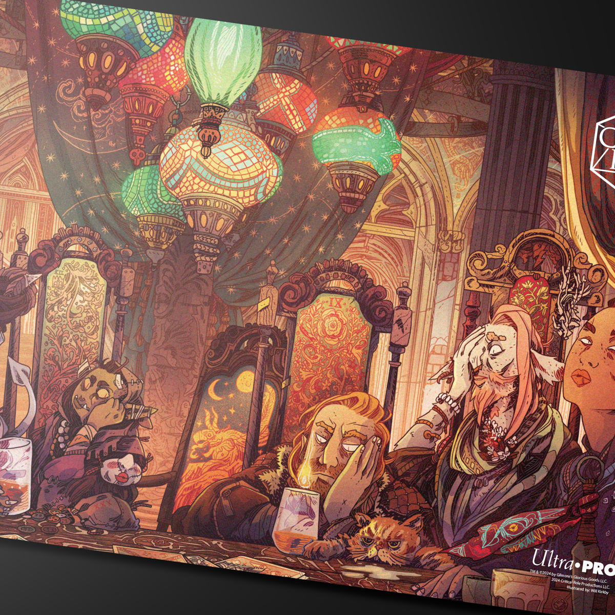 A fantasy art playmat featuring characters from Critical Role sitting at a table with ornate lamps and decor. Brand: Ultra-Pro, Item: Critical Role PoD Stitched Edge Playmat - Toast to Mollymauk.