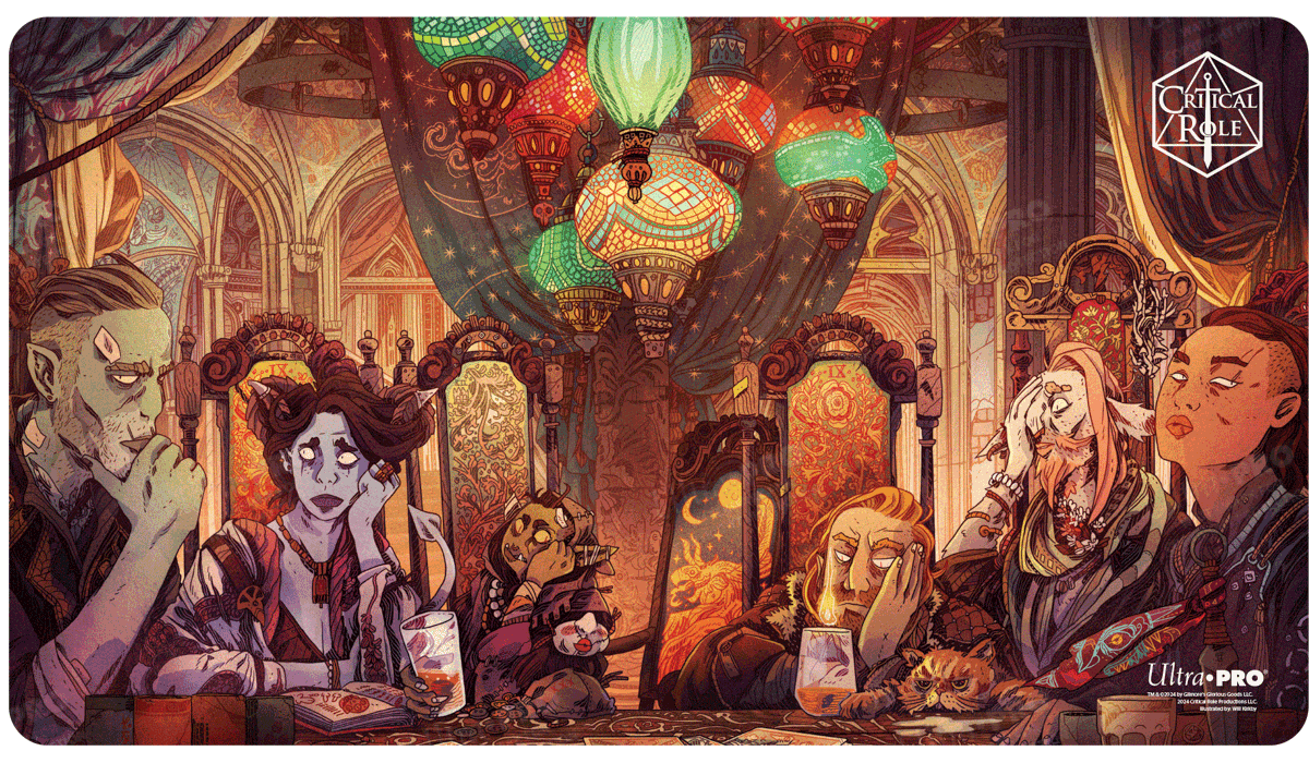 A colorful, illustrated playmat featuring characters from Critical Role sitting at a table with ornate lamps and decor. Brand: Ultra PRO, Item: Critical Role PoD Stitched Edge Playmat - Toast to Mollymauk.