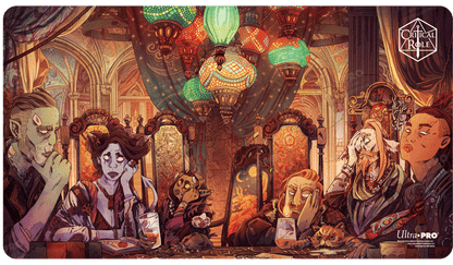 A colorful, illustrated playmat featuring characters from Critical Role sitting at a table with ornate lamps and decor. Brand: Ultra PRO, Item: Critical Role PoD Stitched Edge Playmat - Toast to Mollymauk.