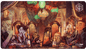 A colorful, illustrated playmat featuring characters from Critical Role sitting at a table with ornate lamps and decor. Brand: Ultra PRO, Item: Critical Role PoD Stitched Edge Playmat - Toast to Mollymauk.