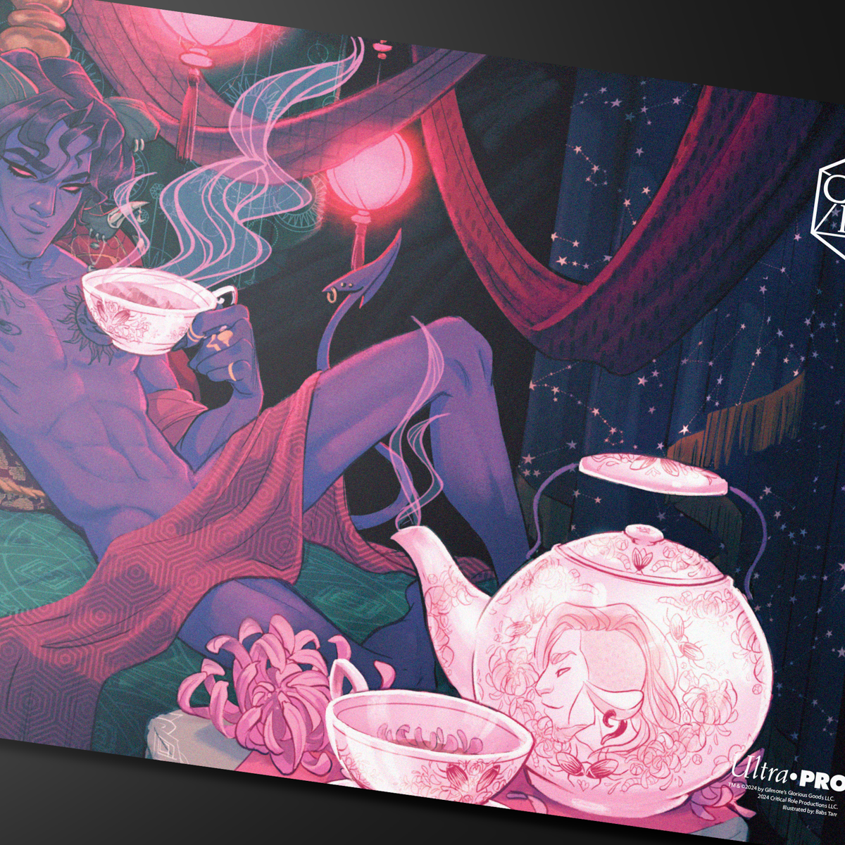A purple and pink illustrated playmat featuring Mollymauk Tealeaf from Critical Role sitting with a teapot and teacups. Brand: Ultra-Pro, Item: Critical Role PoD Stitched Edge Playmat - Mollymauk Tealeaf.