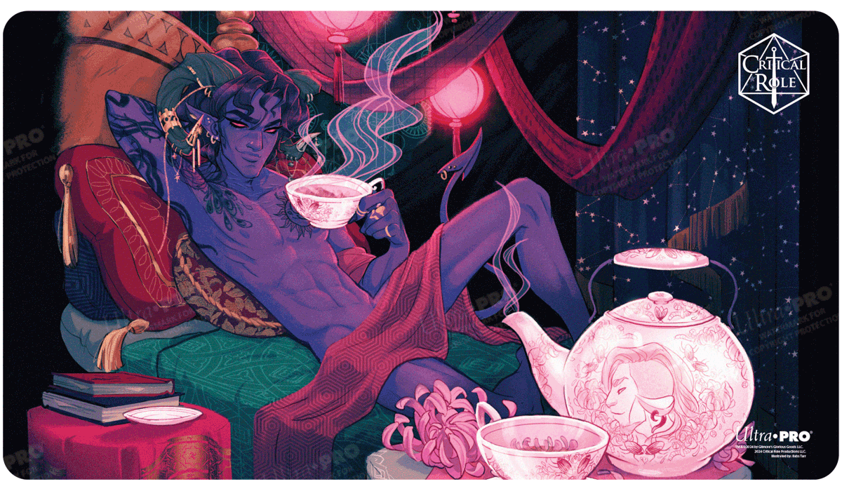 A purple-skinned tiefling with horns and a tail, lounging on cushions and holding a teacup. A teapot and flowers are nearby. Critical Role logo in the corner. Brand: Ultra PRO, Item: Critical Role PoD Stitched Edge Playmat - Mollymauk Tealeaf.