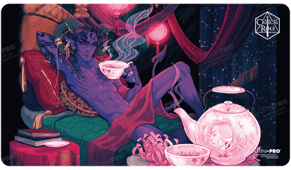 A purple-skinned tiefling with horns and a tail, lounging on cushions and holding a teacup. A teapot and flowers are nearby. Critical Role logo in the corner. Brand: Ultra PRO, Item: Critical Role PoD Stitched Edge Playmat - Mollymauk Tealeaf.