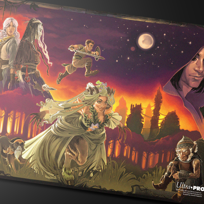 A Pulp Poster style Playmat featuring characters from Critical Role. Brand: Ultra PRO, Item: Critical Role PoD Stitched Edge Playmat - Pulp Poster.