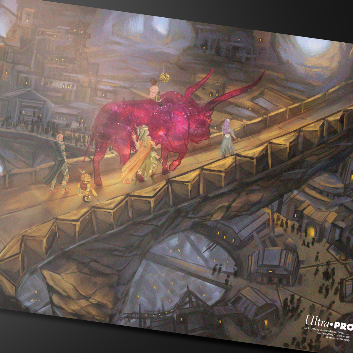 A vibrant, stitched-edge playmat featuring artwork from Critical Role's campaign, depicting a cosmic bull and characters in a fantastical city. Brand: Ultra PRO, Item: Critical Role PoD Stitched Edge Playmat - Umudara.