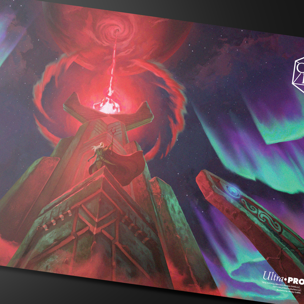 A red and green Critical Role PoD Stitched Edge Playmat featuring a figure on a tower under a red vortex and aurora borealis. Brand: Ultra-Pro, Item: Critical Role PoD Stitched Edge Playmat - Inherit the World.
