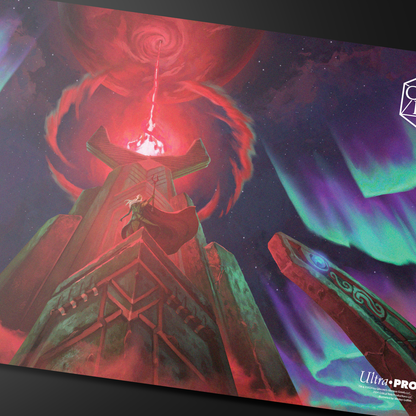 A red and green Critical Role PoD Stitched Edge Playmat featuring a figure on a tower under a red vortex and aurora borealis. Brand: Ultra-Pro, Item: Critical Role PoD Stitched Edge Playmat - Inherit the World.