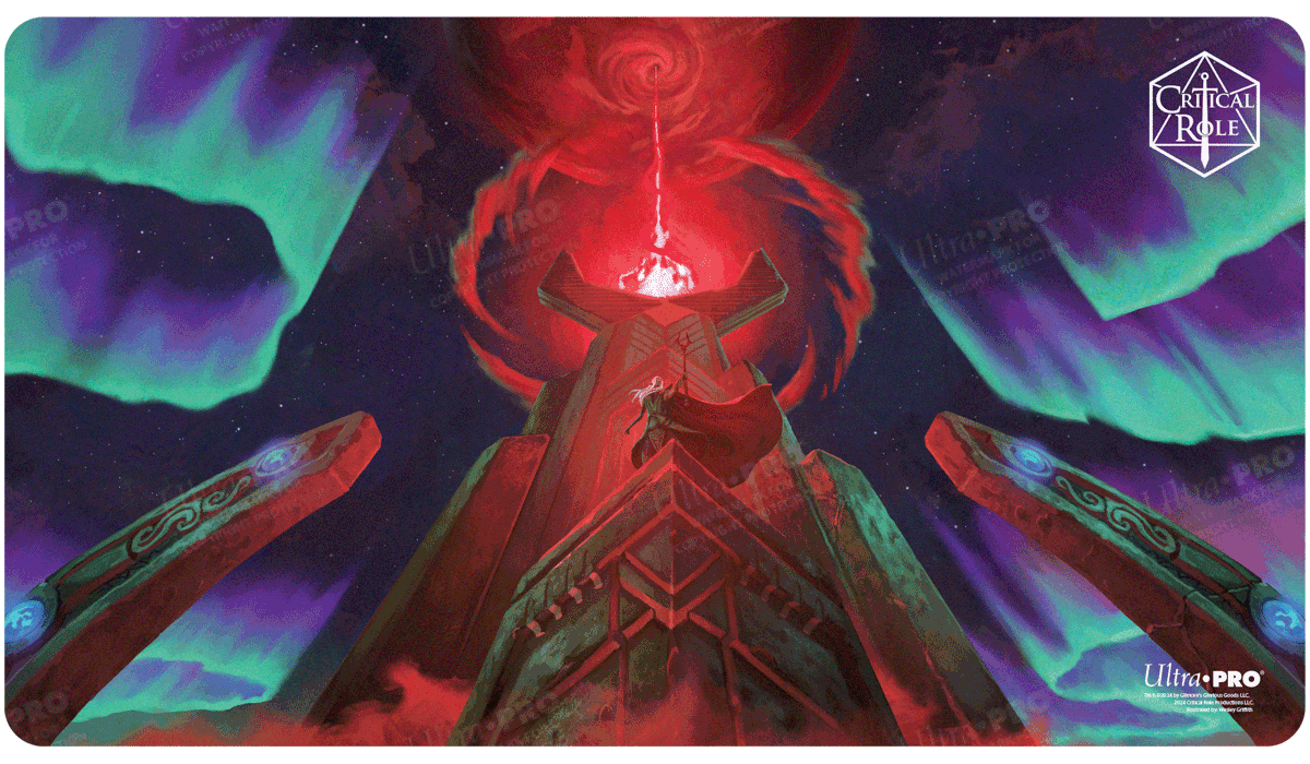 A red and green aurora-filled landscape featuring a towering red structure with a figure in a red cape standing on top. Brand: Ultra PRO, Item: Critical Role PoD Stitched Edge Playmat - Inherit the World.
