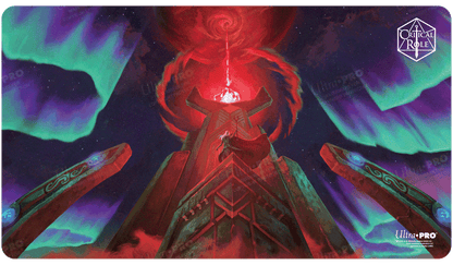 A red and green aurora-filled landscape featuring a towering red structure with a figure in a red cape standing on top. Brand: Ultra PRO, Item: Critical Role PoD Stitched Edge Playmat - Inherit the World.