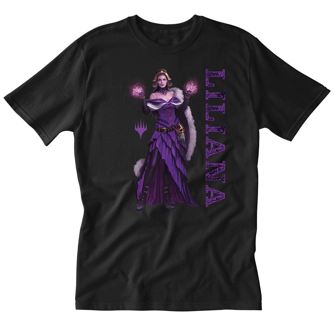 A Black T-shirt featuring Liliana Vess from Magic: The Gathering. Brand: MTG PRO Shop, Item: Foundations Liliana Printed Graphic Tee.