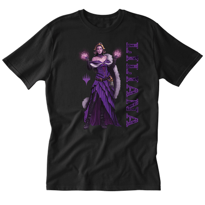 A Black T-shirt featuring Liliana Vess from Magic: The Gathering. Brand: MTG PRO Shop, Item: Foundations Liliana Printed Graphic Tee.