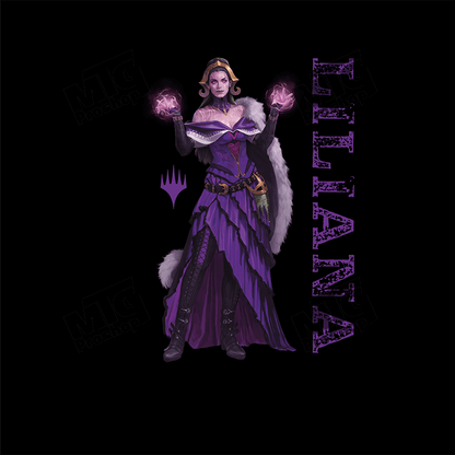 A black graphic t-shirt featuring Liliana Vess from Magic: The Gathering. Brand: MTG PRO Shop, Item: Foundations Liliana Printed Graphic Tee.