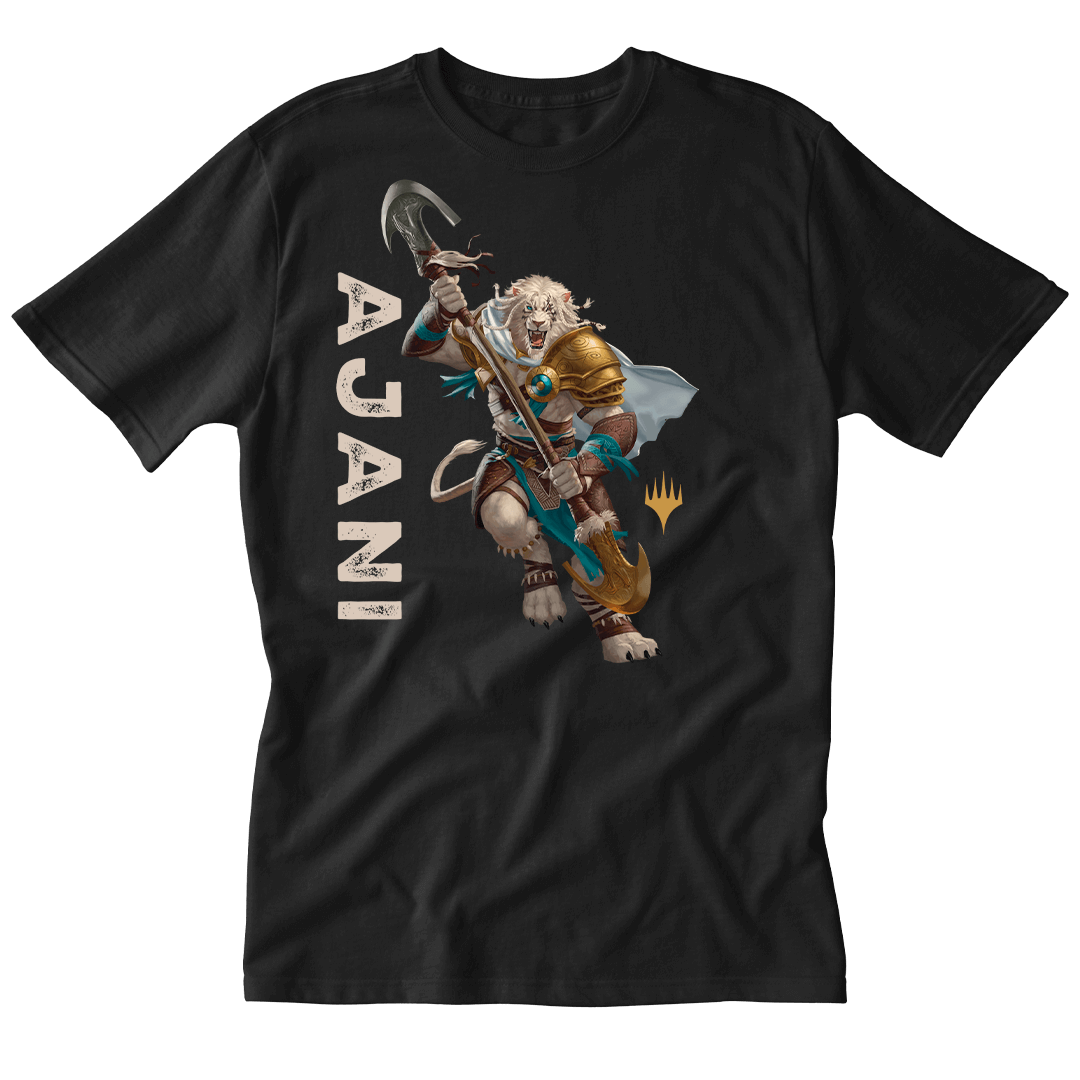 A Black T-shirt featuring Ajani from Magic: The Gathering. Brand: MTG PRO Shop, Item: Foundations Ajani Printed Graphic Tee in Black for Magic: The Gathering