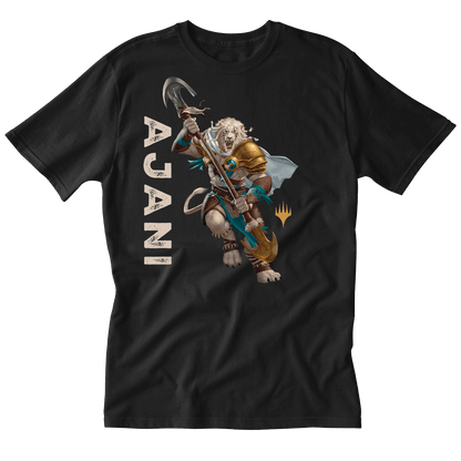 A Black T-shirt featuring Ajani from Magic: The Gathering. Brand: MTG PRO Shop, Item: Foundations Ajani Printed Graphic Tee in Black for Magic: The Gathering