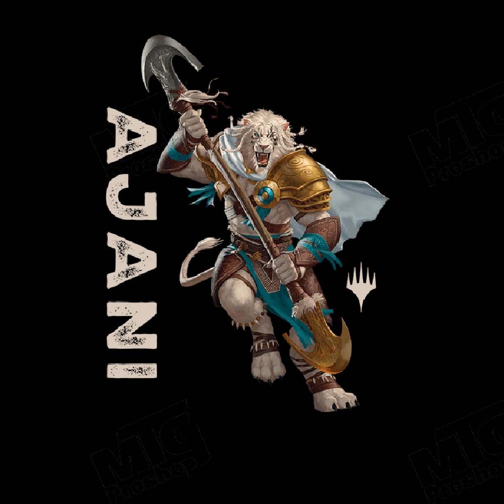 A black graphic t-shirt featuring Ajani, a white lion Planeswalker from Magic: The Gathering, holding a weapon. Brand: MTG PRO Shop, Item: Foundations Ajani Printed Graphic Tee.