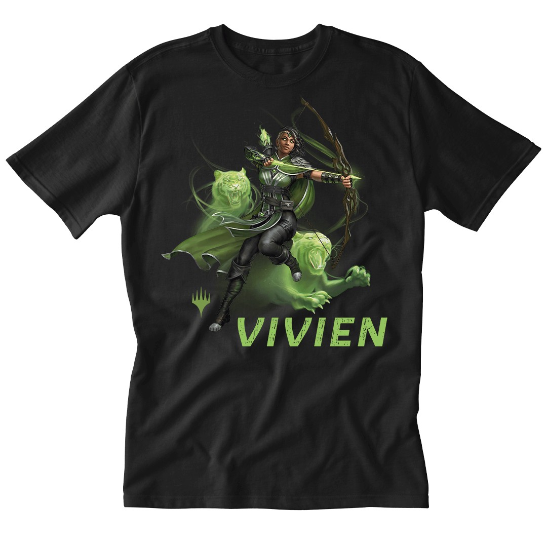 A Black T-shirt. Brand: MTG PRO Shop, Item: Foundations Vivien Printed Graphic Tee in Black for Magic: The Gathering.