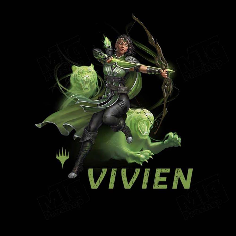 A black graphic tee featuring Vivien and two green spectral tigers from Magic: The Gathering. Brand: MTG PRO Shop, Item: Foundations Vivien Printed Graphic Tee.
