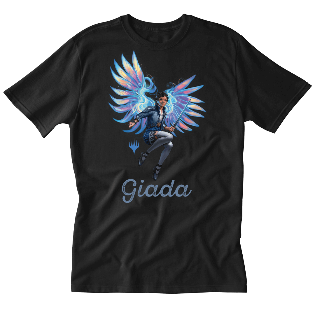 A Black T-shirt with the Magic: The Gathering character Giada and the MTG logo. Brand: MTG PRO Shop, Item: Foundations Giada Printed Graphic Tee in Black for Magic: The Gathering