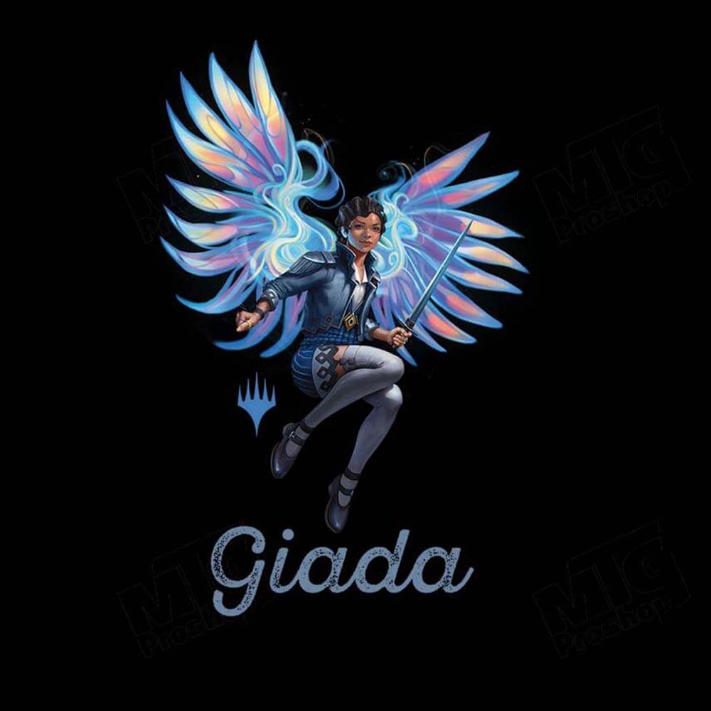 A black graphic t-shirt featuring Giada from Magic: The Gathering with iridescent wings and a sword. Brand: MTG PRO Shop, Item: Foundations Giada Printed Graphic Tee.