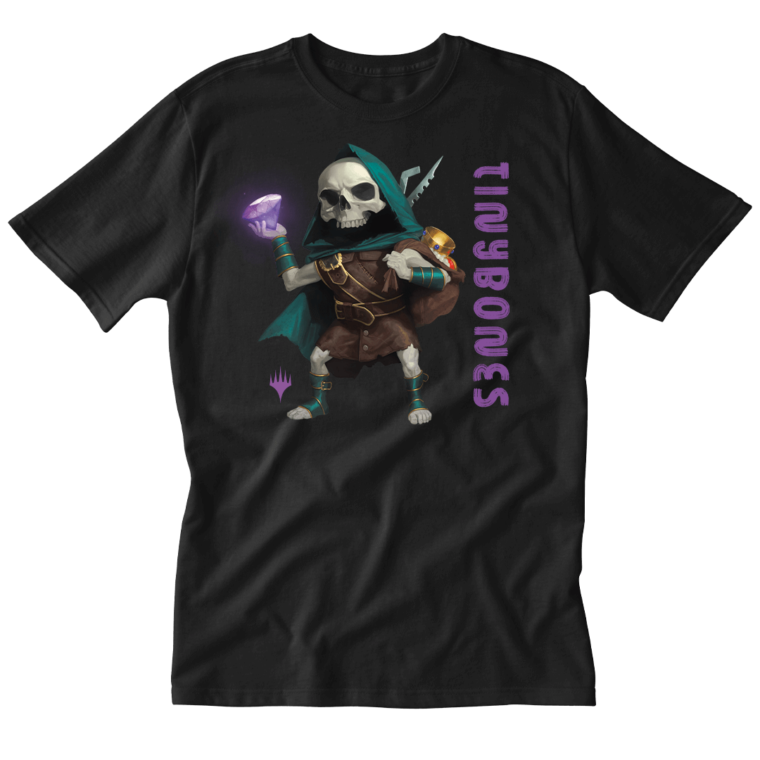 A Black T-Shirt. Brand: MTG PRO Shop, Item: Foundations Tinybones Printed Graphic Tee in Black for Magic: The Gathering