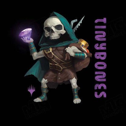 A black graphic tee featuring the Magic: The Gathering character Tinybones. Brand: MTG PRO Shop, Item: Foundations Tinybones Printed Graphic Tee.