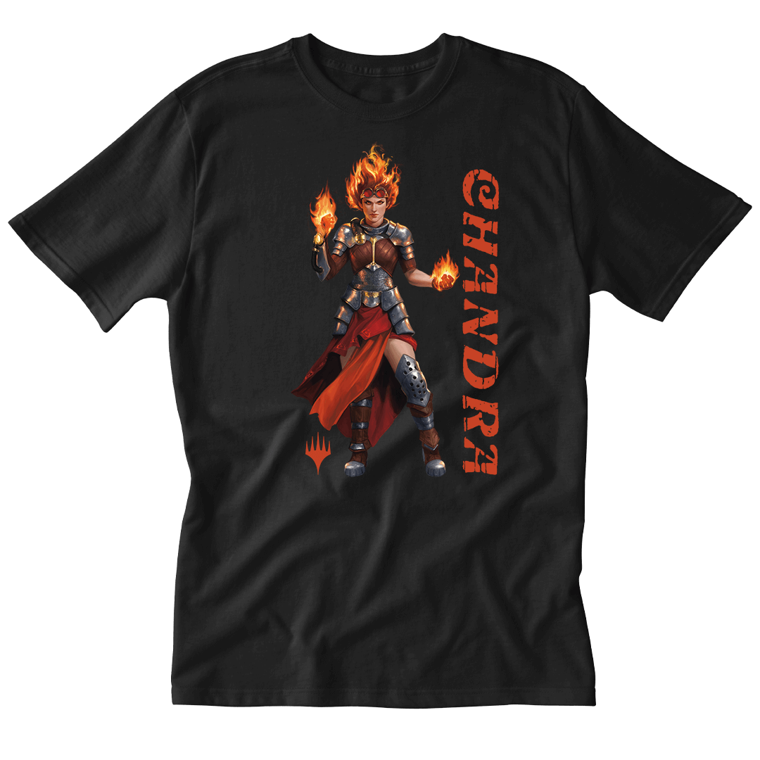 A Black T-shirt featuring Chandra from Magic: The Gathering. Brand: MTG PRO Shop, Item: Foundations Chandra Printed Graphic Tee.