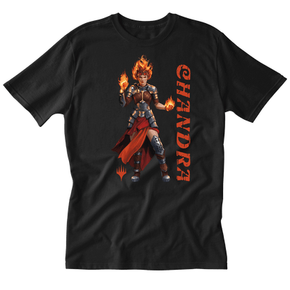 A Black T-shirt featuring Chandra from Magic: The Gathering. Brand: MTG PRO Shop, Item: Foundations Chandra Printed Graphic Tee.