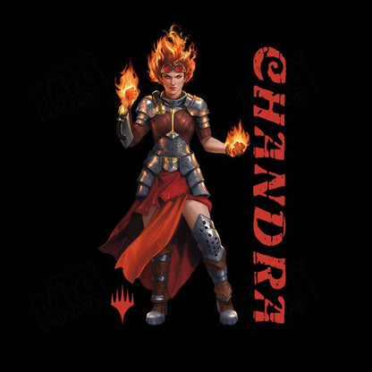 A black graphic tee featuring Chandra Nalaar from Magic: The Gathering. Brand: MTG PRO Shop, Item: Foundations Chandra Printed Graphic Tee.