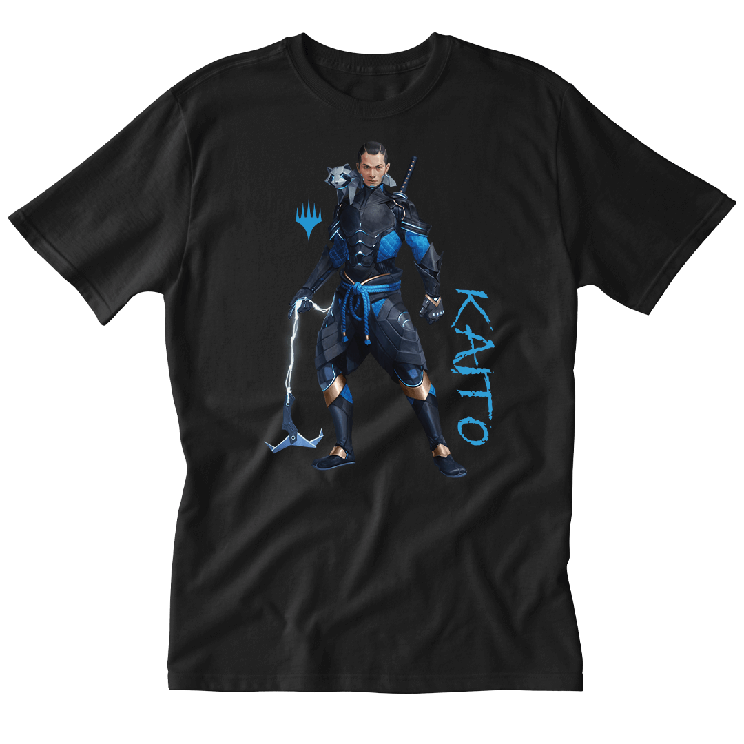 A Black T-shirt. Brand: MTG PRO Shop, Item: Foundations Kaito Printed Graphic Tee in Black for Magic: The Gathering