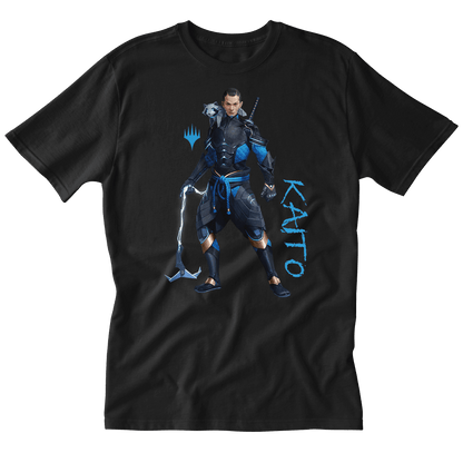 A Black T-shirt. Brand: MTG PRO Shop, Item: Foundations Kaito Printed Graphic Tee in Black for Magic: The Gathering