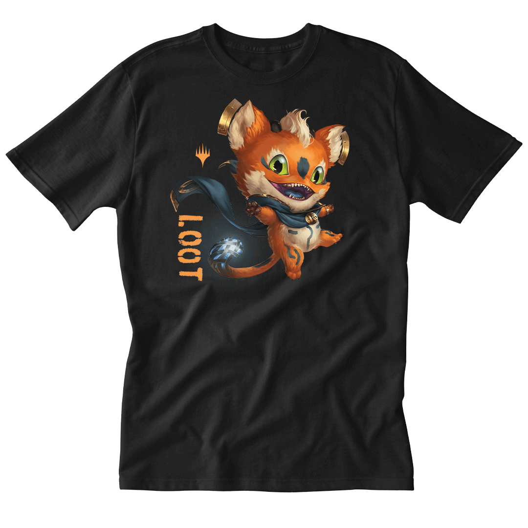 A black t-shirt featuring the Magic: The Gathering "Loot" creature graphic. Brand: MTG PRO Shop, Item: Foundations Loot Printed Graphic Tee.