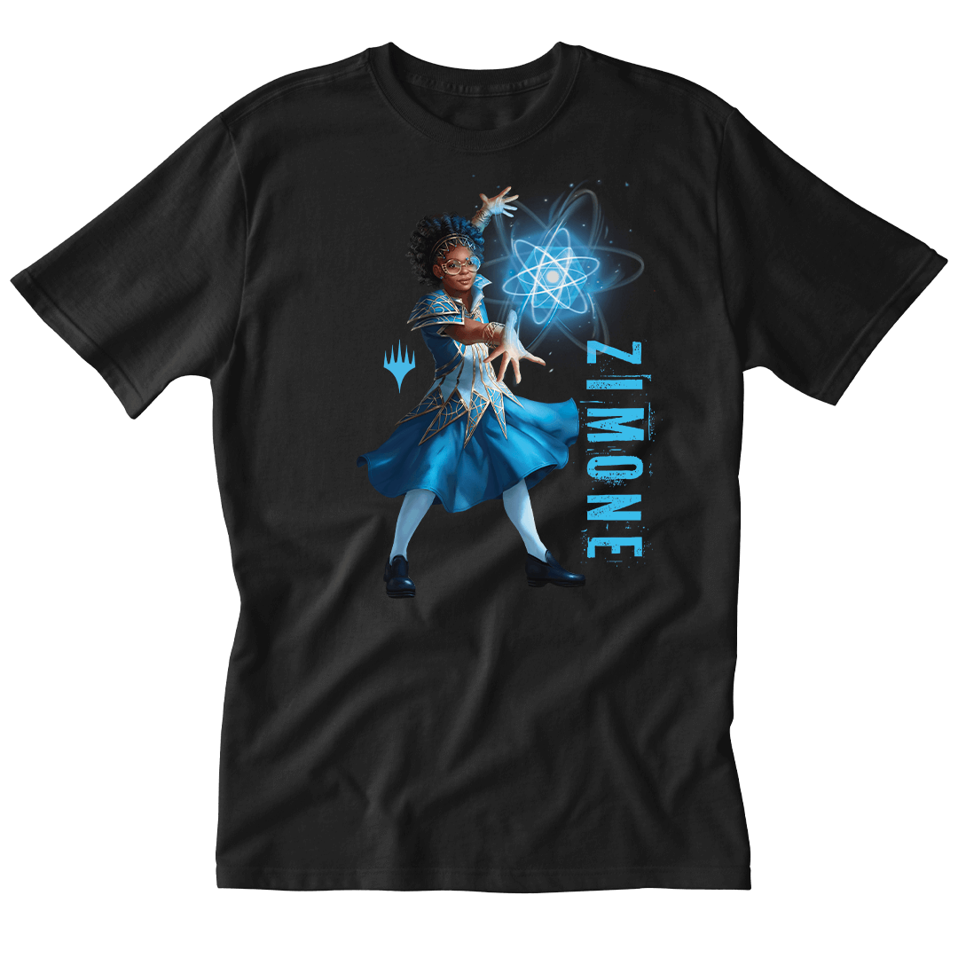 A Black T-Shirt featuring Zimone from Magic: The Gathering. Brand: MTG PRO Shop, Item: Foundations Zimone Printed Graphic Tee.