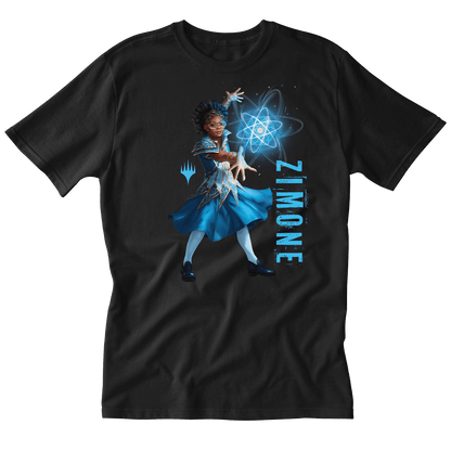 A Black T-Shirt featuring Zimone from Magic: The Gathering. Brand: MTG PRO Shop, Item: Foundations Zimone Printed Graphic Tee.