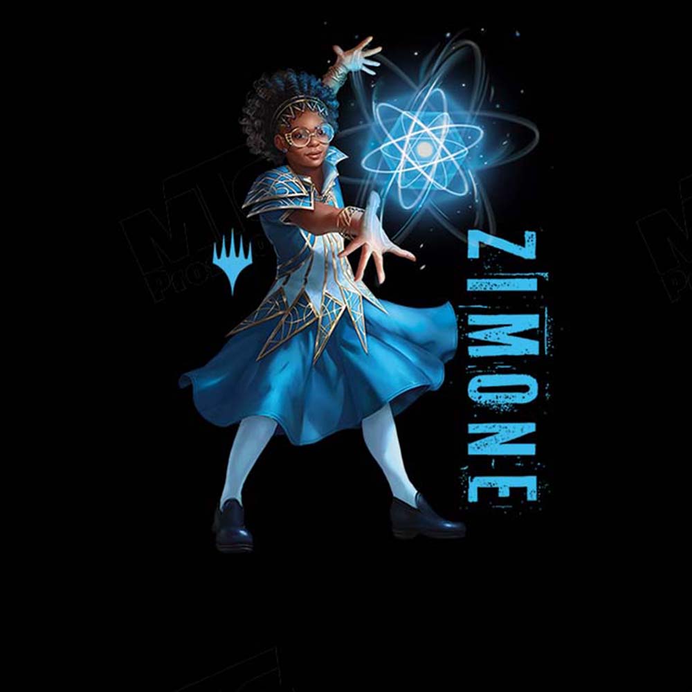 A black graphic tee featuring Zimone from Magic: The Gathering. Brand: MTG PRO Shop, Item: Foundations Zimone Printed Graphic Tee.