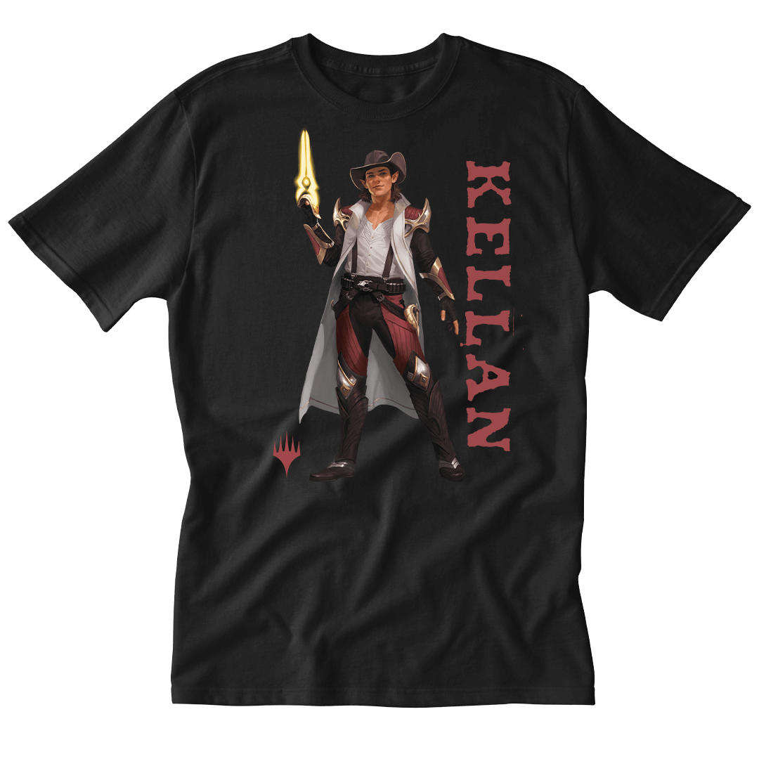 A Black T-Shirt featuring Kellan from Magic: The Gathering. Brand: MTG PRO Shop, Item: Foundations Kellan Printed Graphic Tee.