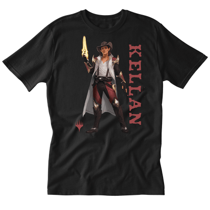 A Black T-Shirt featuring Kellan from Magic: The Gathering. Brand: MTG PRO Shop, Item: Foundations Kellan Printed Graphic Tee.