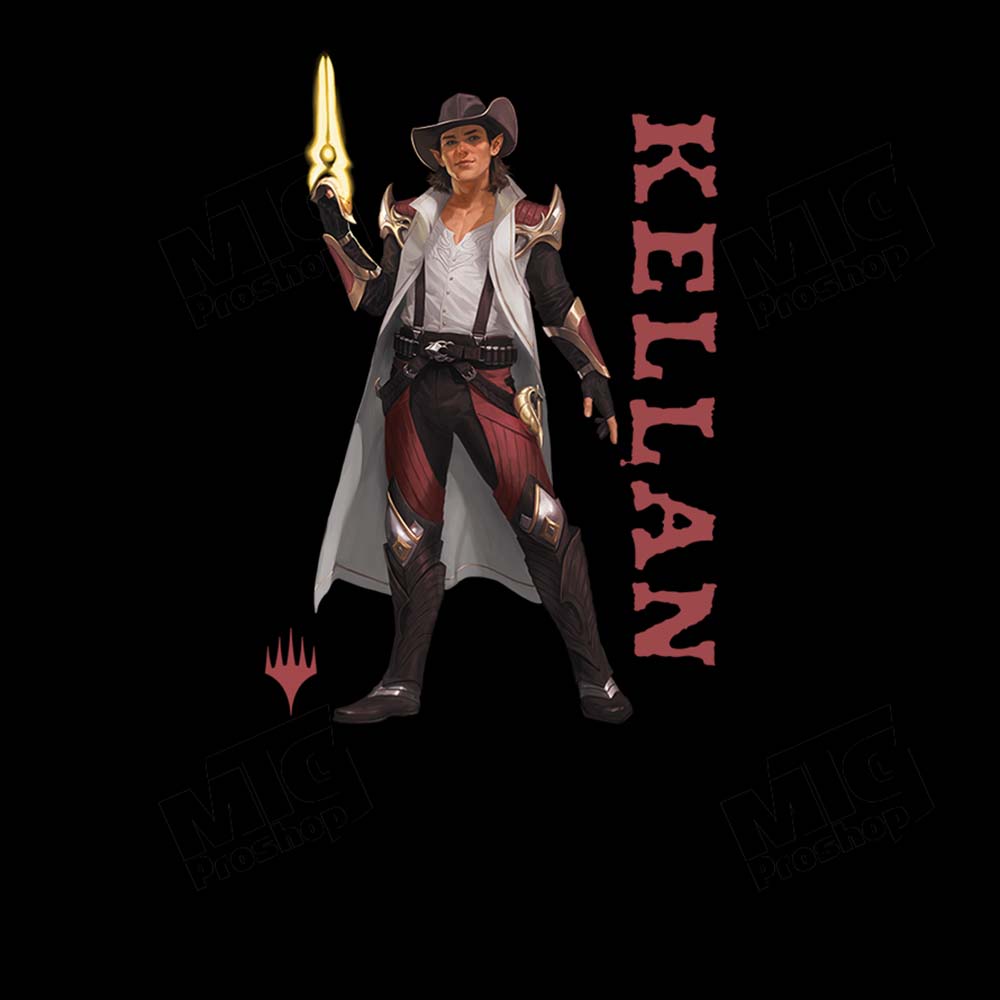 A black graphic tee featuring Kellan from Magic: The Gathering. Brand: MTG PRO Shop, Item: Foundations Kellan Printed Graphic Tee.