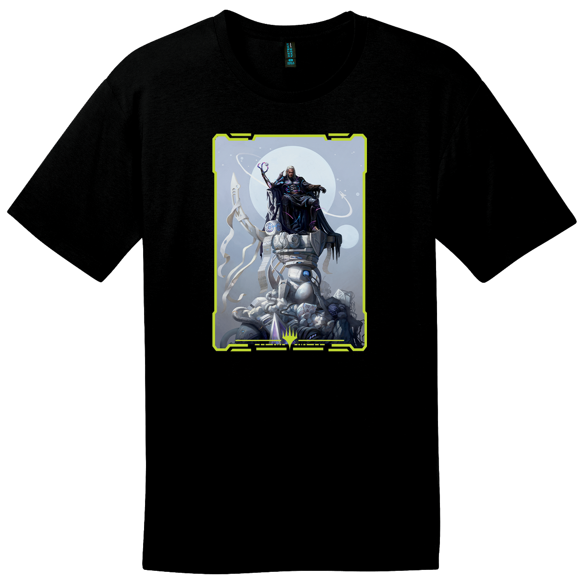 A black t-shirt featuring the Magic: The Gathering card art "Edge of Eternities - Tezzeret, Cruel Captain" by Magali Villeneuve. Brand: MTG PRO Shop, Item: Edge of Eternities - Tee - Tezzeret, Cruel Captain.