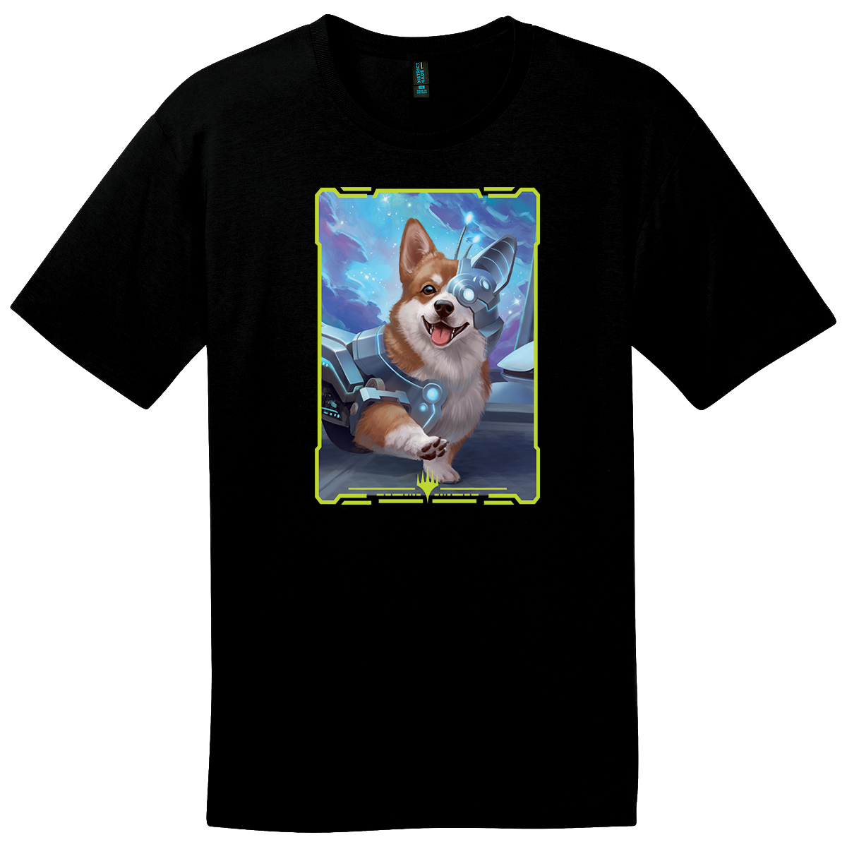 A black t-shirt featuring the Chrome Companion artwork from Magic: The Gathering. Brand: MTG PRO Shop, Item: Edge of Eternities - Tee - Chrome Companion - Gray Highsmith for Magic: The Gathering.