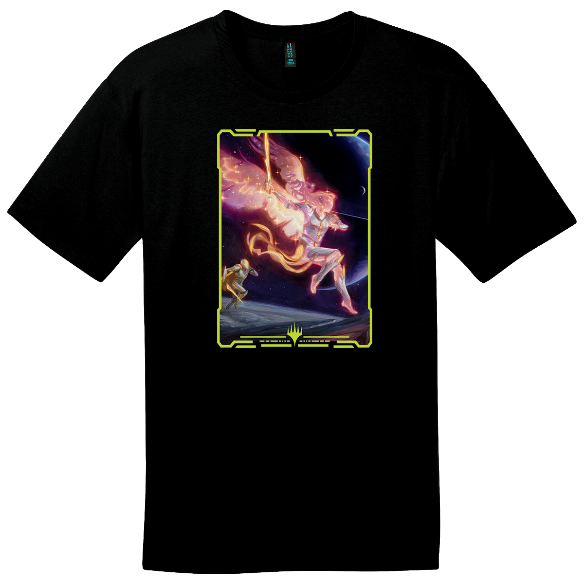A black t-shirt featuring the Magic: The Gathering "Edge of Eternities" artwork by Carly Milligan, depicting Astelli Reclaimer in a cosmic battle.