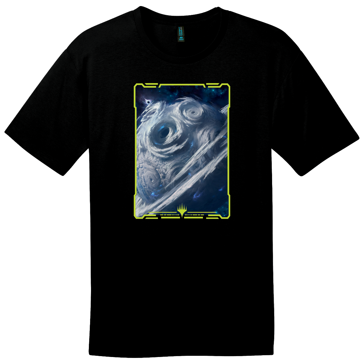 A black t-shirt featuring the "Edge of Eternities" Magic: The Gathering artwork by Adam Paquette, depicting the Titanic Godcore Portal Uthros.
