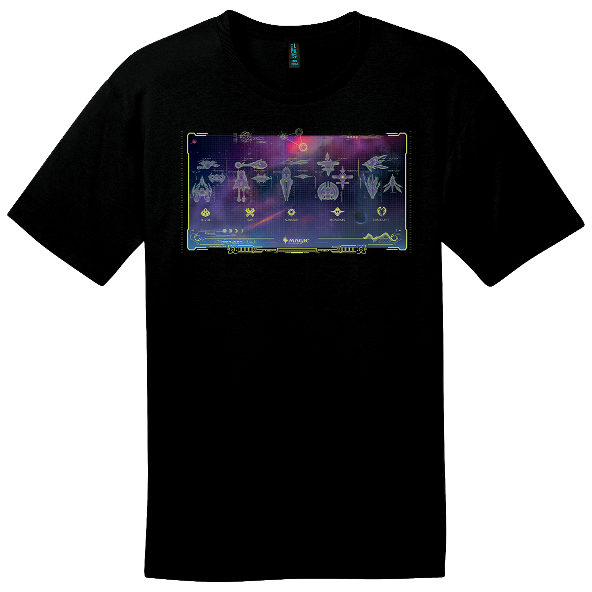 A black Magic: The Gathering t-shirt featuring the "Edge of Eternities" artwork by Vance Kelly, showcasing a futuristic schematic of various spacecraft and symbols.