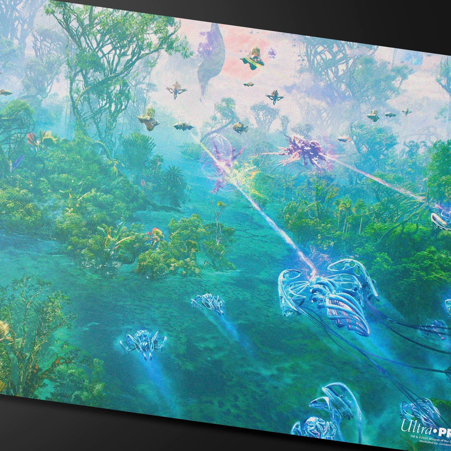A vibrant green and blue playmat depicting a futuristic battle scene in a lush alien jungle, with flying vehicles and energy beams. Brand: Ultra PRO, Item: Edge of Eternities - Breeding Pool Playmat.