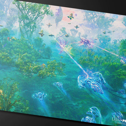 A vibrant green and blue playmat depicting a futuristic battle scene in a lush alien jungle, with flying vehicles and energy beams. Brand: Ultra PRO, Item: Edge of Eternities - Breeding Pool Playmat.