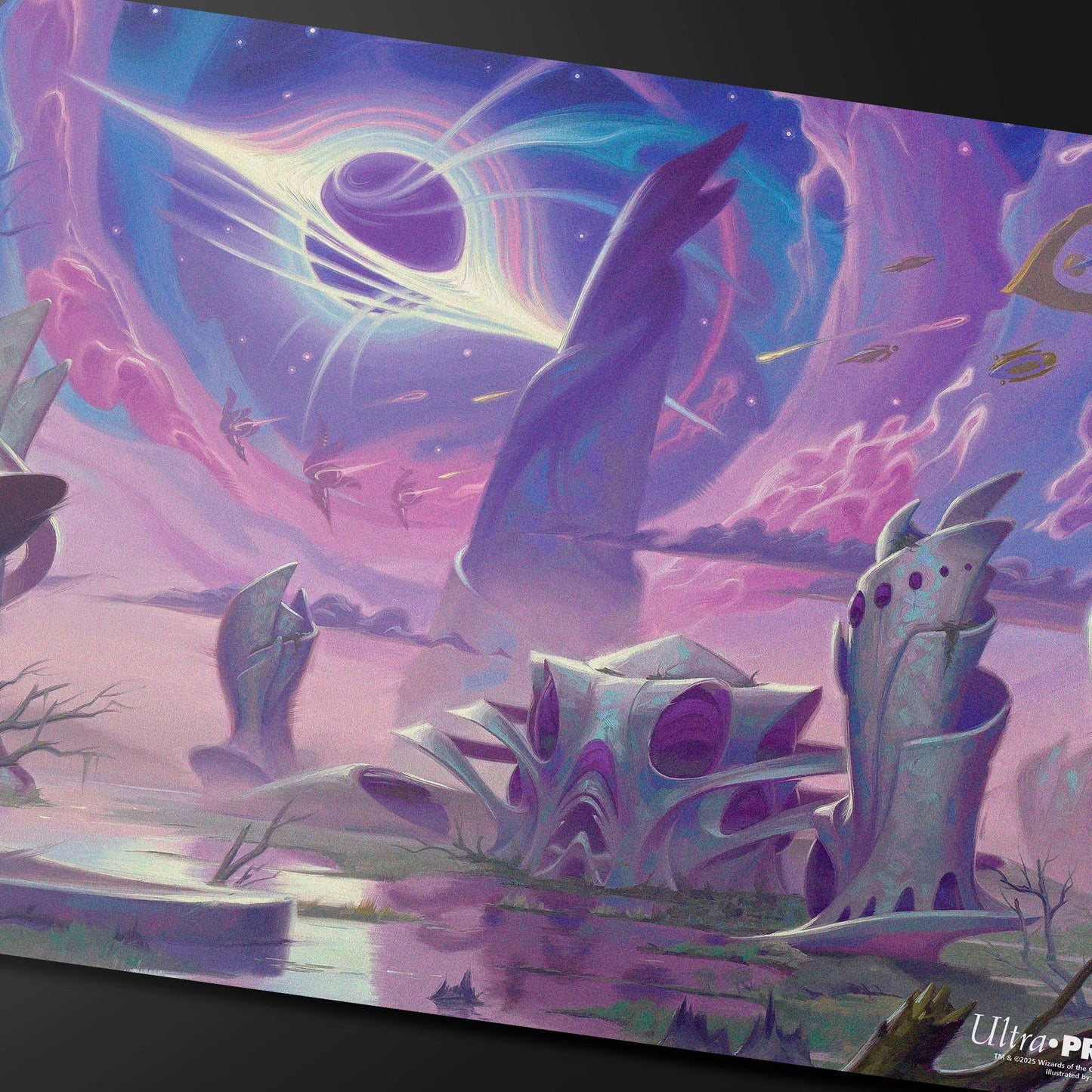 A purple and blue cosmic landscape with alien structures and ships, featuring a black hole in the sky. Playmat by Rob Rey for Magic: The Gathering.