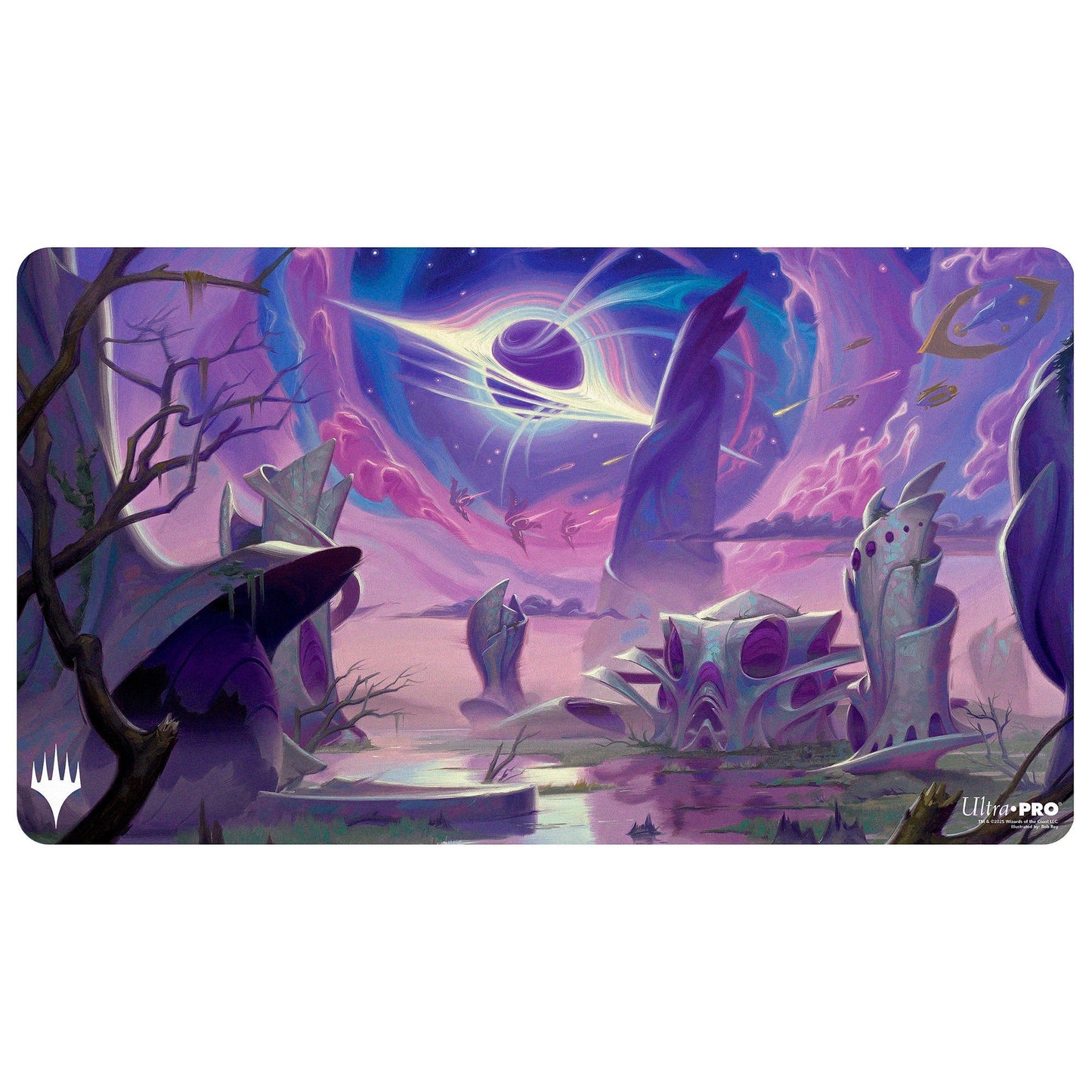 A purple and blue cosmic landscape playmat featuring a black hole and alien structures. Brand: MTG PRO Shop, Item: Edge of Eternities - Playmat - Godless Shrine - Rob Rey for Magic: The Gathering